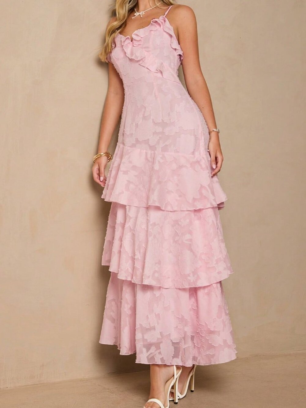 Pink Elegant Women's Romantic Cutout Patchwork Ruffle Slip Dress - Picture 5 of 7